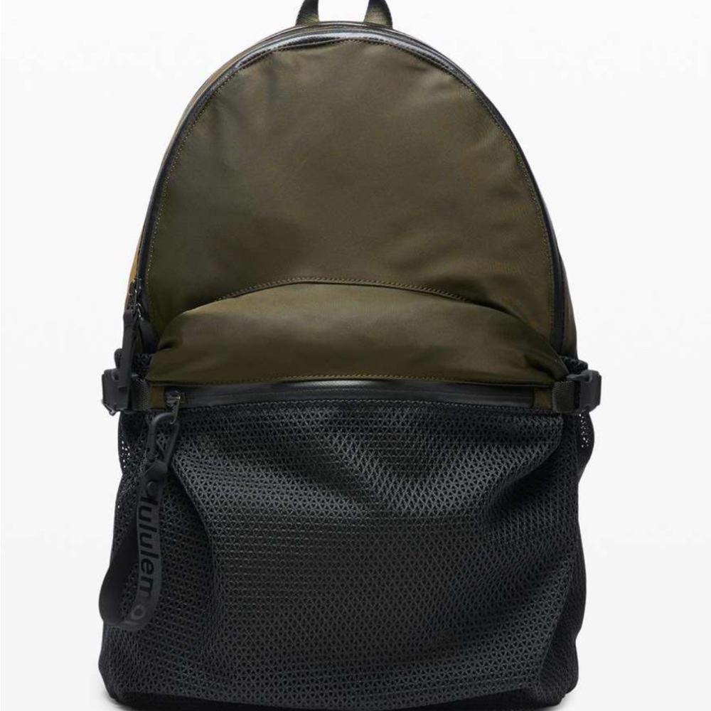 NEW lululemon athletica Olive/Black Backpack Mesh Pocket trolley strap $128!